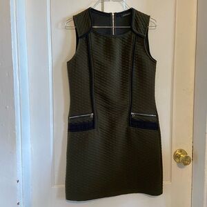 Dark Green Textured Quilted Mini Dress with Zippered Pockets